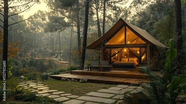 Fototapeta Luxurious glamping tent in a forest setting at dawn.