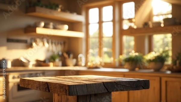 Fototapeta Wooden table with wooden pedestal and available space for your decoration. Kitchen setting featuring shelves. Natural sunlight and shadows. Mockup area for your products.