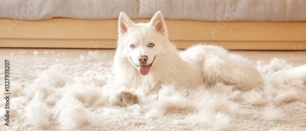 Fototapeta Fluffy White Dog Amidst Shedding Fur on Carpet