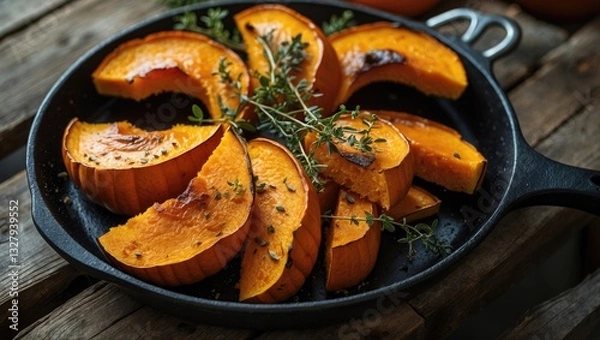 Fototapeta Baked pumpkin with thyme in a skillet on a rustic wooden table, a comforting dish.