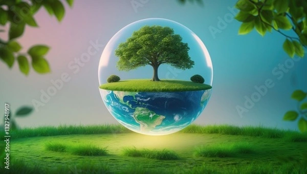 Fototapeta A mature tree on productive land with lush grass and a vibrant backdrop. Environment and climate change concept.