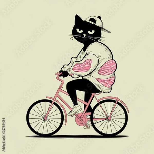 Obraz Stylish illustration of a black cat wearing a cap and sweater, casually riding a bicycle with attitude, blending urban culture and feline charm.