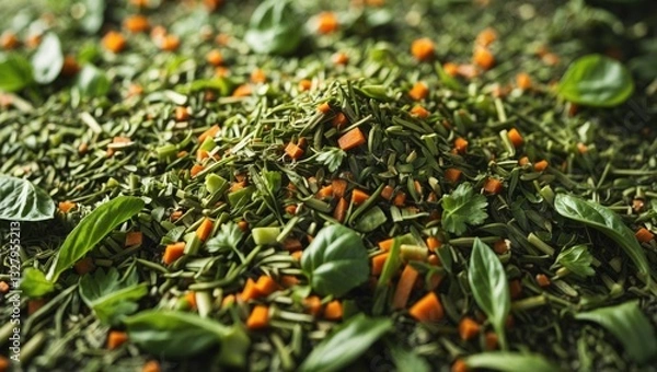 Fototapeta Close-up background of mixed spices. Garlic, fennel, carrots, basil, celery, parsley, marjoram, and onion.