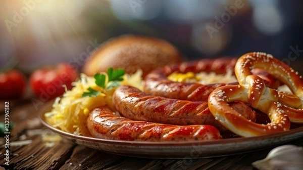 Fototapeta Close-Up of Grilled Sausages and Pretzels with Sauerkraut