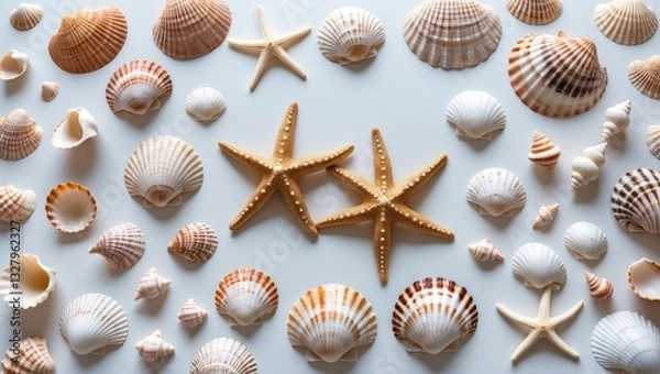 Fototapeta Variety of seashells and starfishes, design elements on a white background. High resolution.