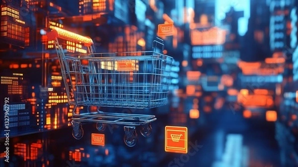 Fototapeta Abstract representation of a shopping cart in a digital shopping environment