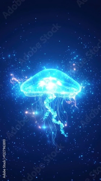 Fototapeta A Glowing Jellyfish Floating Within a Dark Blue Starry Space