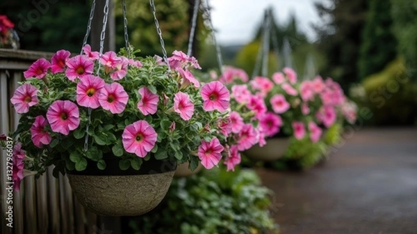 Fototapeta A row of petunias in hanging pots, cascading beautifully over a patio.