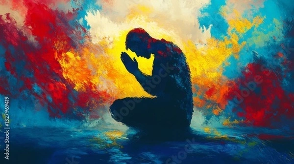 Obraz Silhouette of a Kneeling Man Praying Amidst Vibrant Colorful Abstract Background