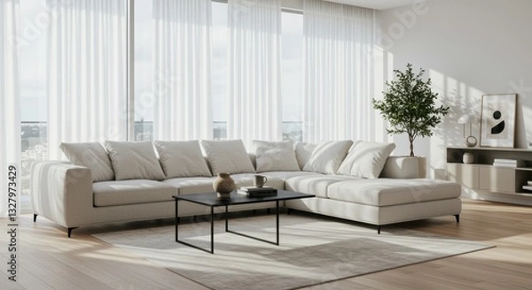 Fototapeta A modern living room features a cozy sectional sofa with plush pillows on a soft rug. A small black coffee table, decorative items, and a vibrant plant brighten the space with natural light.