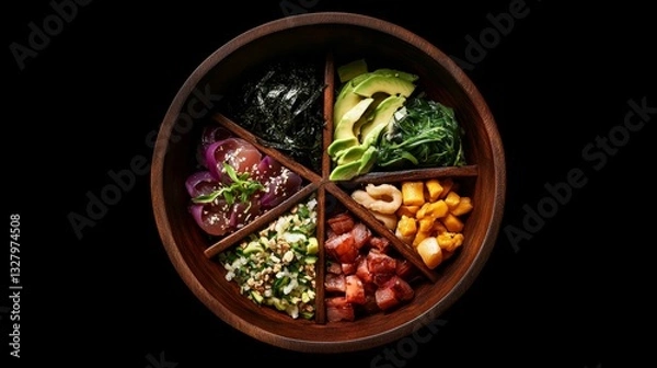 Obraz  Deconstructed Hawaiian poke bowl with tuna, avocado, nori, and soy sauce in wooden dish on black background