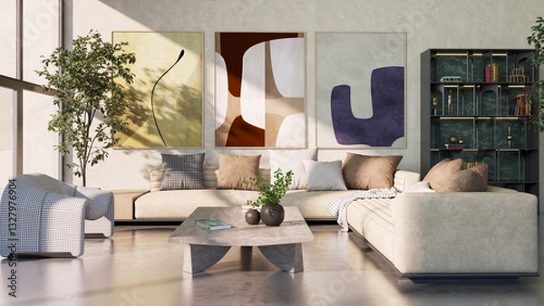Fototapeta Large luxury modern bright interiors Living room mockup illustration 3D rendering image
