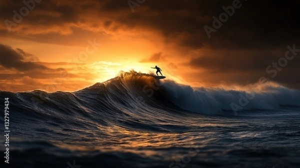 Fototapeta A surfer riding a massive wave against the backdrop of an orange sunset