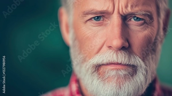 Obraz An elderly man with a well-groomed beard and striking blue eyes gazes intensely. He stands outdoors, creating a serious yet contemplative mood