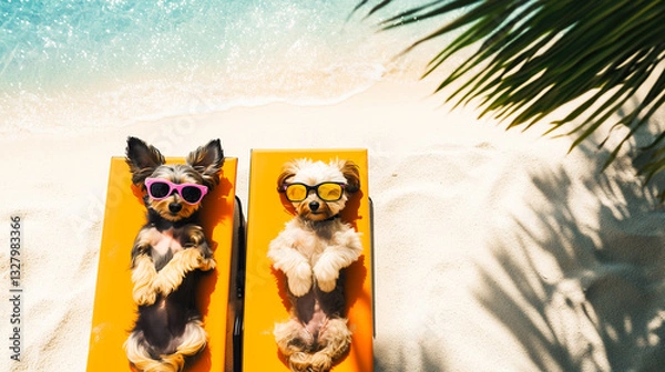 Fototapeta Two cute dogs of the Yorkshire terrier and maltipoo breed in sunglasses resting on a yellow sun lounger on the beach against the backdrop of the ocean. Summer vacation atmosphere in tropical places.