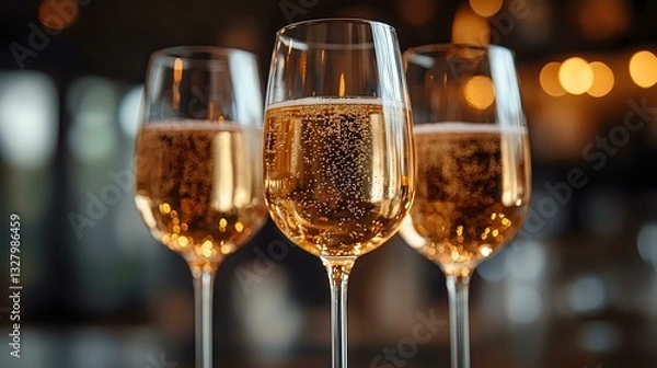 Fototapeta Elegant champagne glasses filled with sparkling wine against blurred bokeh lights background, celebration atmosphere with bubbling golden drink.