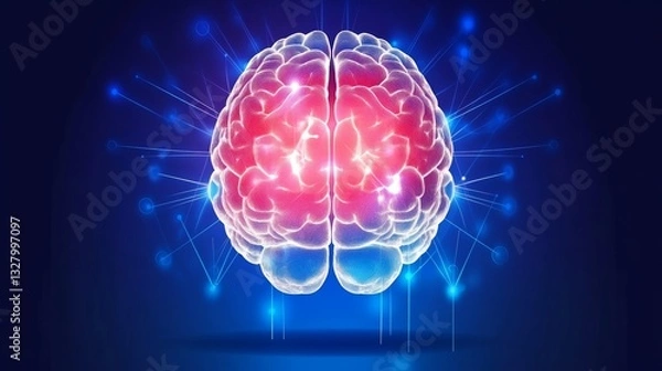 Fototapeta Glowing brain illustration with blue circuits on dark, digital background