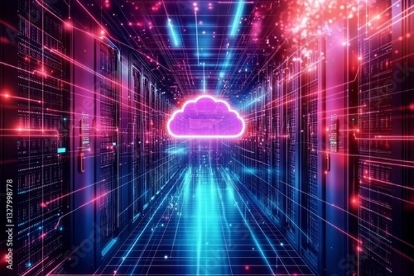 Fototapeta 3d digital cloud with neon glow and data streams
