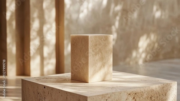 Fototapeta Soft sunlight illuminates a textured cube resting on a stone pedestal in a serene indoor setting surrounded by greenery