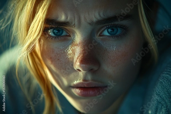 Obraz Portrait of a young woman with emotional expression and blue eyes during a close-up moment in soft lighting