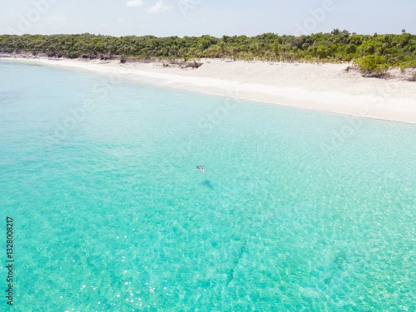 Obraz Aerial view Pink Island, The Bahamas, clear waters near a tropical coastline with lush greenery.