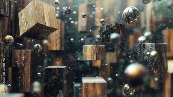 Fototapeta Floating Wooden Cubes and Metallic Spheres Abstract