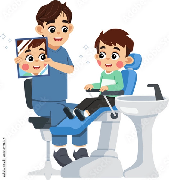 Obraz a Dentist Holding a Mirror for a Kid on Dental Patient Chair to See