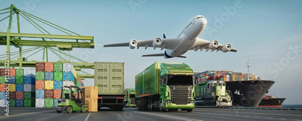 Fototapeta Global Logistics and Transportation Scene - 3D Rendering Illustration..