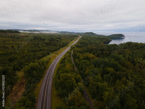 Obraz Aerial View of Highway 61 Along the North Shore of Minnesota Next to Lake Superior in Summer