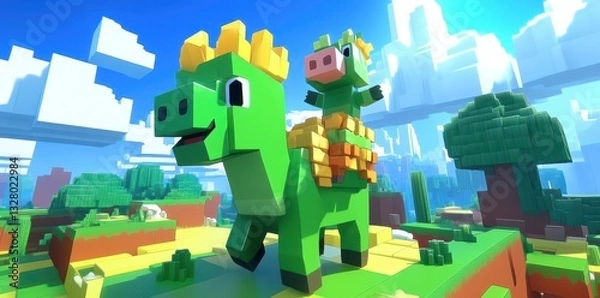 Obraz Two green blocky creatures are outdoors in a sunny landscape scene