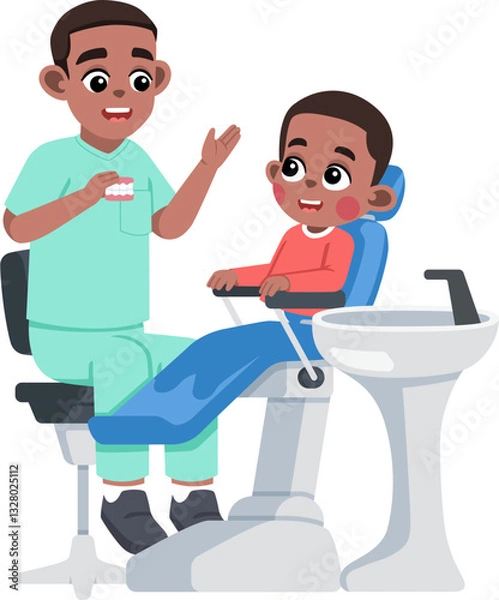 Obraz a Dentist Explaining about Teeth to a Kid on Dental Patient Chair