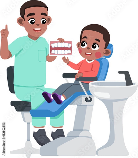 Obraz a Dentist Explaining about Teeth to a Kid on Dental Patient Chair