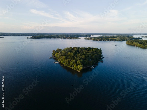 Obraz Forest-Covered Island in Lake Minnetonka: Aerial View on a Serene Summer Day