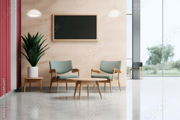 Fototapeta A modern medical clinic reception with light wood paneling, white walls and ceiling, a large circular desk in the center of the room with chairs around it for waiting patients.
