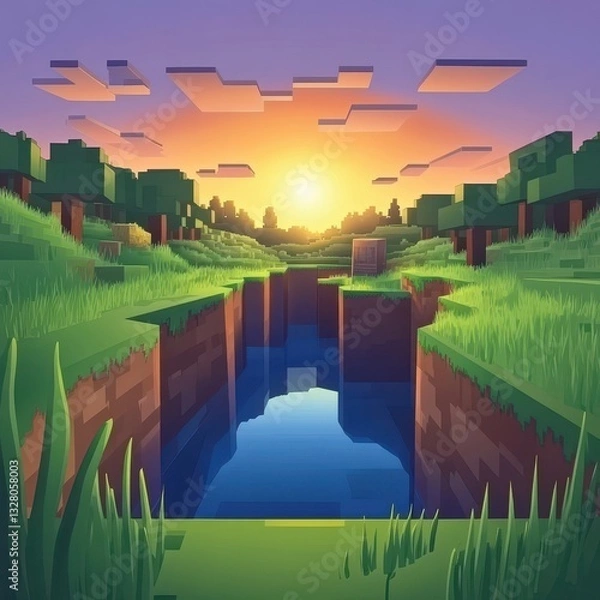 Obraz A colorful pixelated landscape features a sunset and water canyon