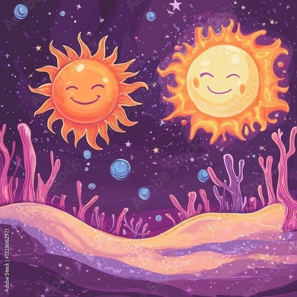 Fototapeta Two smiling suns float above a whimsical cosmic landscape scene