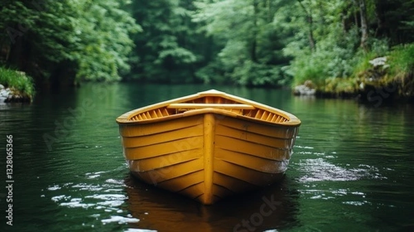 Fototapeta A bright yellow wooden rowboat floats on a serene green river, surrounded by lush trees