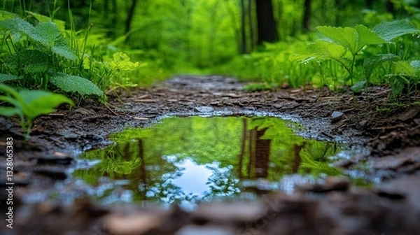 Fototapeta A forest path after rainfall, with a puddle reflecting the trees and bright green foliage surrounding it