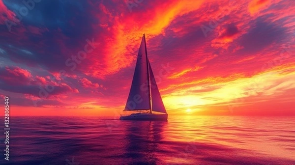 Fototapeta A sailboat sails across the ocean beneath a sky ignited with brilliant shades of orange, red, and pink.