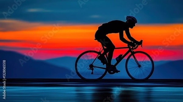 Fototapeta A competitive cyclist leans forward on a road bike, speeding along a reflective surface under a twilight sky. The vivid hues of deep blue and fiery orange create a dramatic backdrop