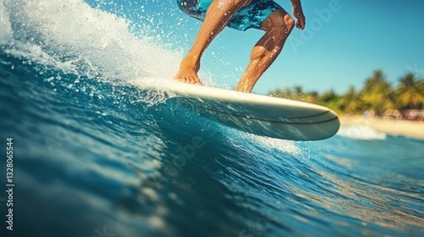 Fototapeta A surfer balances on a wave, carving through the water with precision. The bright sunlight illuminates the turquoise ocean, with tropical palm trees swaying in the background