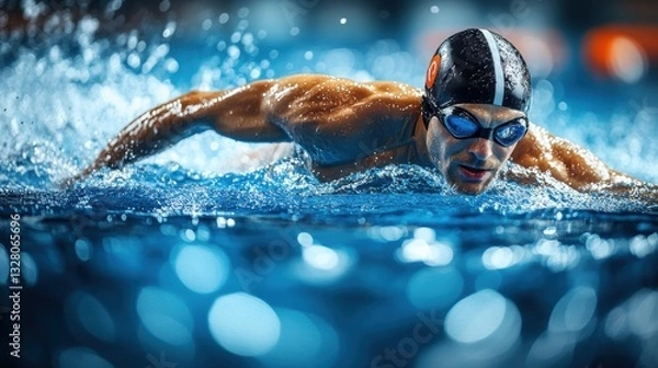Fototapeta A determined swimmer propels forward in the water, droplets flying off in the intense motion. The shimmering reflections create an atmosphere of focus and endurance