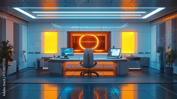 Fototapeta Futuristic workspace showcasing advanced robotic assistance and holographic displays integration within a modern office setting