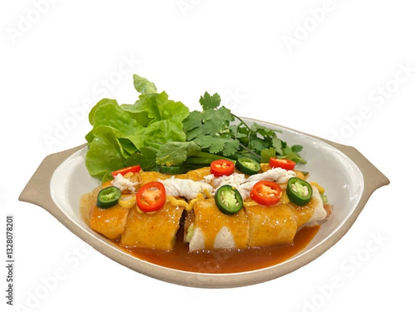 Fototapeta Fresh spring rolls served with tamarind sauce and spices on white background. Thai food concept.