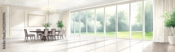 Fototapeta Bright and airy dining area with large windows showcasing greenery outside.