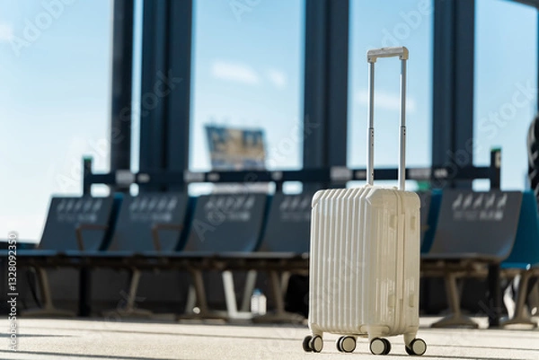 Obraz Travel, The suitcases in an empty airport hall, traveler cases in the departure airport terminal waiting for the area, vacation concept, blank space for text message or design