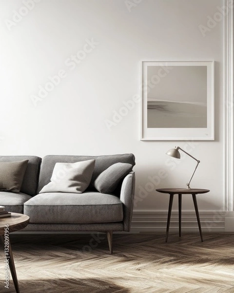 Fototapeta Minimalist living room interior with grey sofa, wooden floor, and artwork.