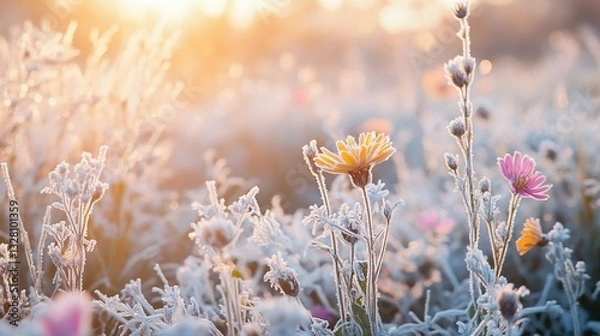 Fototapeta The contrast between the frost and the flowers symbolizes resilience—nature’s ability to thrive even in challenging conditions