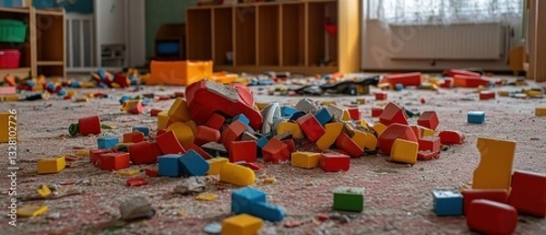 Fototapeta Aftermath of Playtime: Scattered Toys in a Dusty Classroom