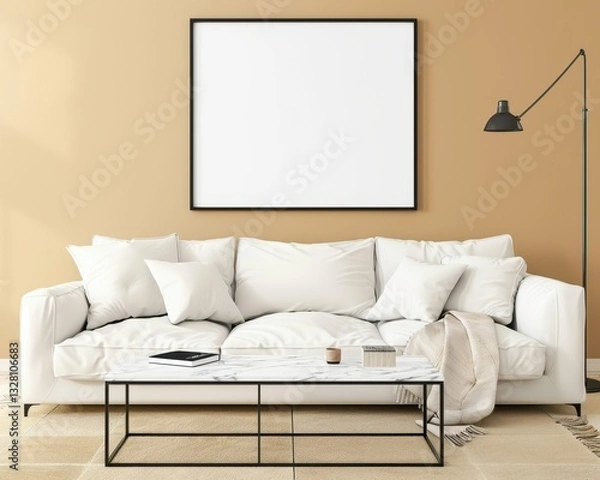 Fototapeta Modern living room with a white sofa. coffee table. and a blank frame on the wall